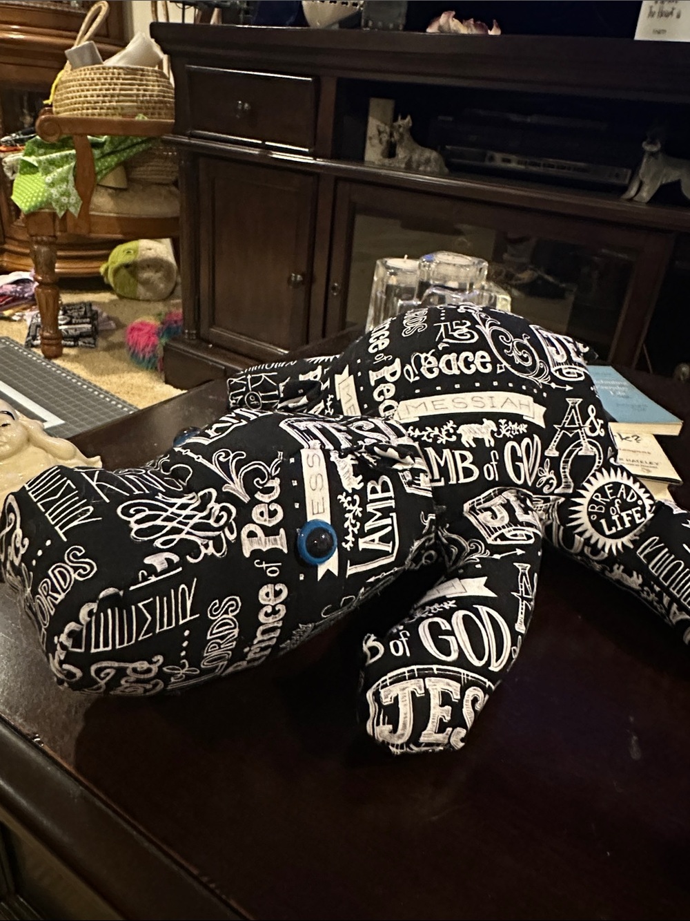 Handmade Hippo Black & White God’s Words Print Plush Dog